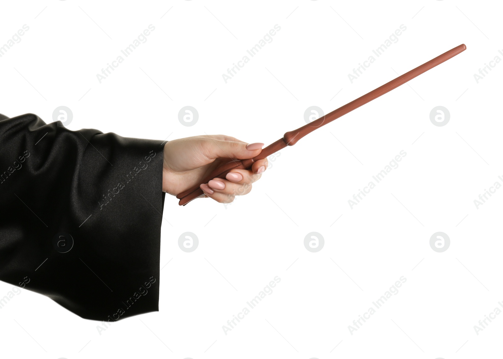 Photo of Wizard holding magic wand on white background, closeup