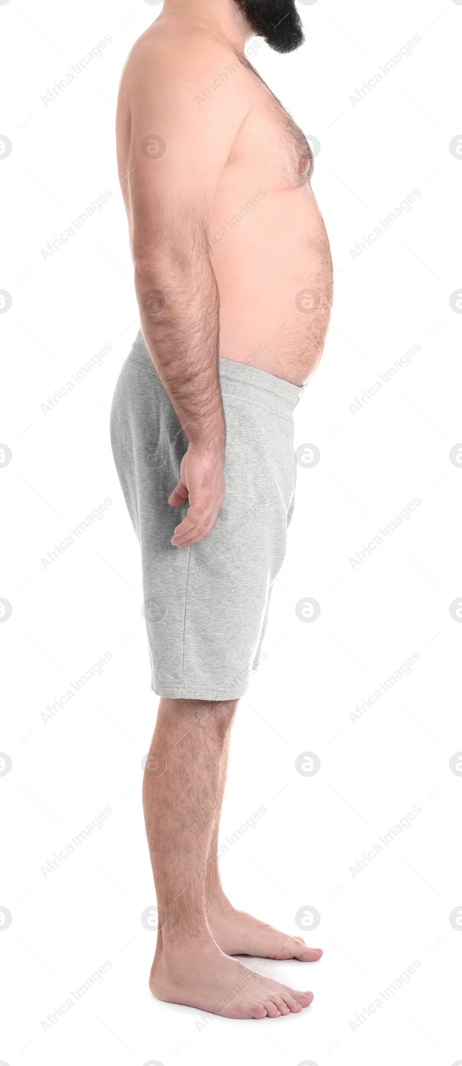 Photo of Overweight man isolated on white, closeup. Weight loss