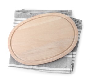 Photo of Wooden cutting board and kitchen towel isolated on white, top view