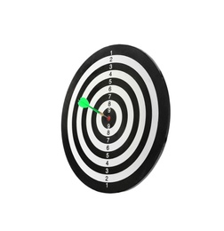 Photo of Green arrow hitting target on dart board against white background