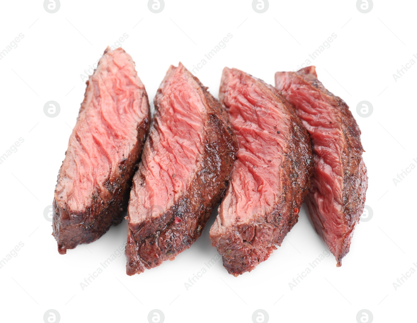 Photo of Slices of tasty grilled beef meat isolated on white