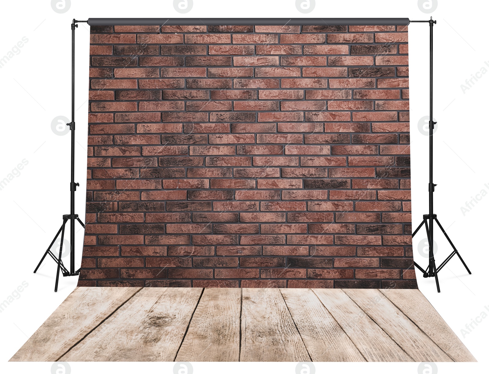 Image of Photo background with brick wall and wooden floor. Professional studio equipment