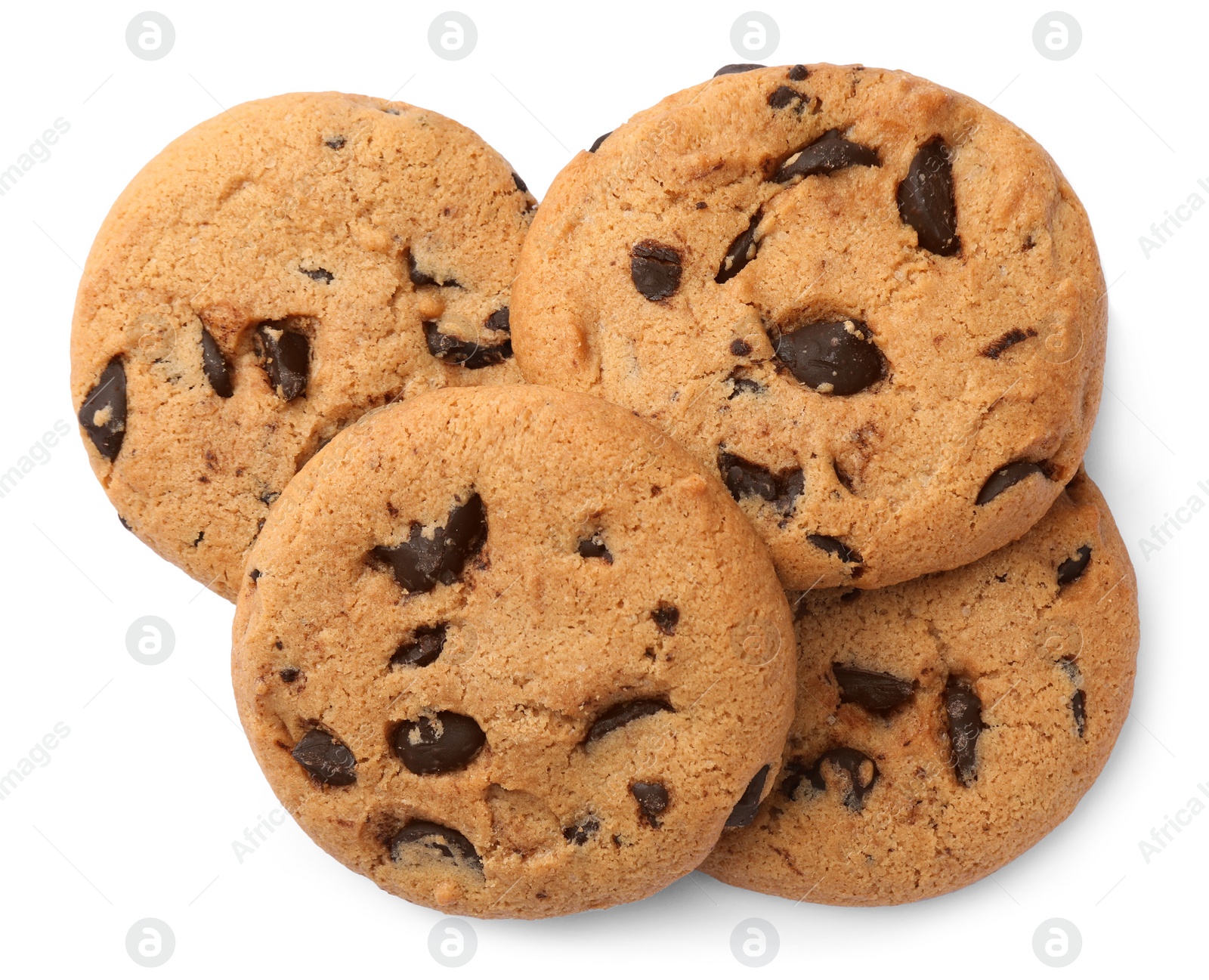 Photo of Delicious chocolate chip cookies isolated on white, top view