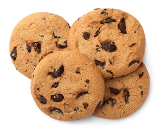 Photo of Delicious chocolate chip cookies isolated on white, top view