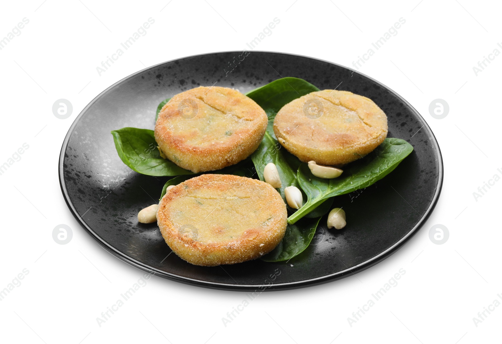 Photo of Plate with healthy dish high in vegetable fats isolated on white