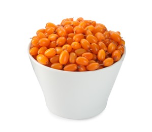 Fresh ripe sea buckthorn berries in bowl on white background