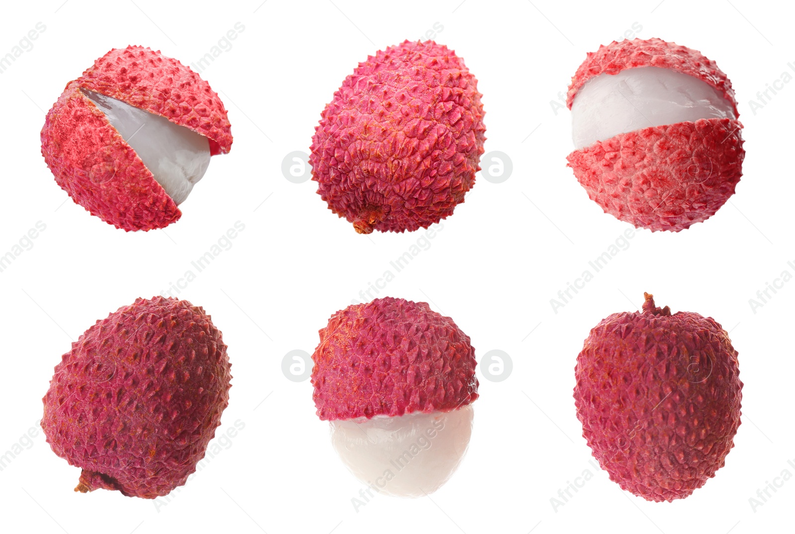 Image of Set with tasty ripe lychee fruits on white background