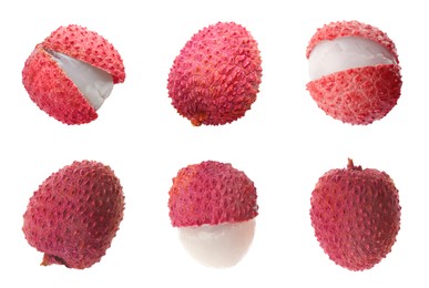 Image of Set with tasty ripe lychee fruits on white background