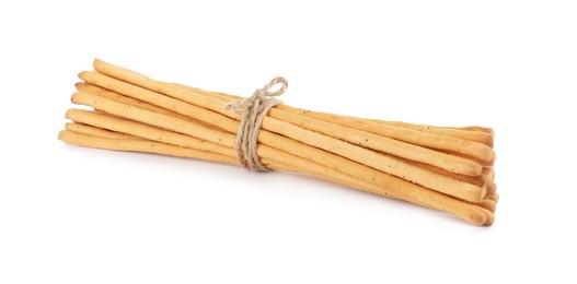 Photo of Fresh delicious grissini sticks on white background