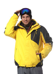 Photo of Man wearing stylish winter sport clothes on white background