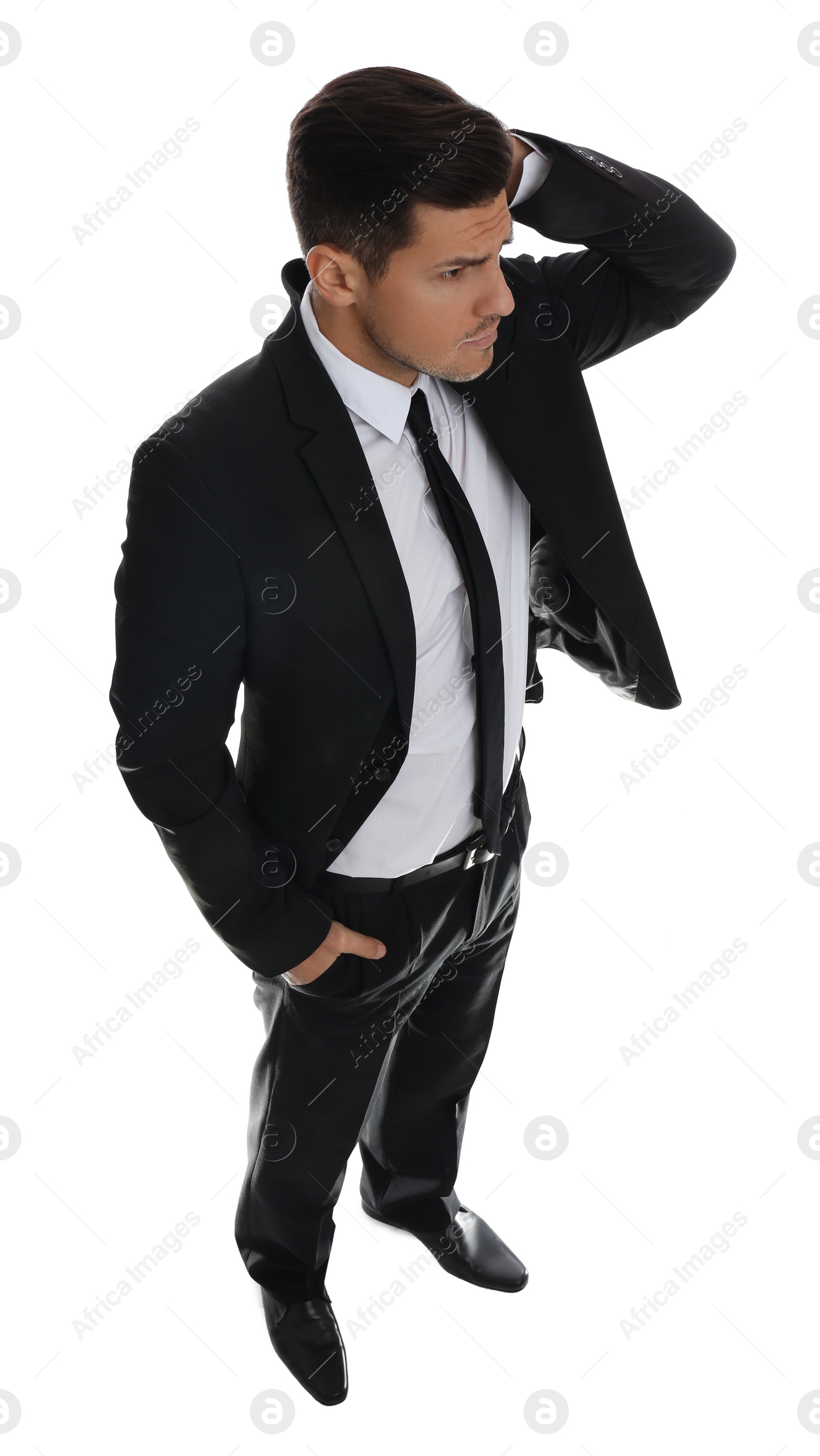 Photo of Thoughtful businessman in formal suit on white background