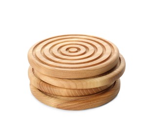 Stylish wooden cup coasters on white background