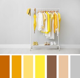 Image of Rack with bright stylish clothes, shoes and accessories near grey wall indoors. Composition inspired by colors of the year 2021