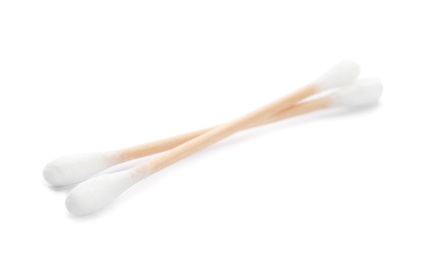 Wooden cotton swabs on white background. Hygienic accessory