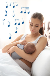 Image of Flying music notes and young woman with her baby at home. Lullaby songs