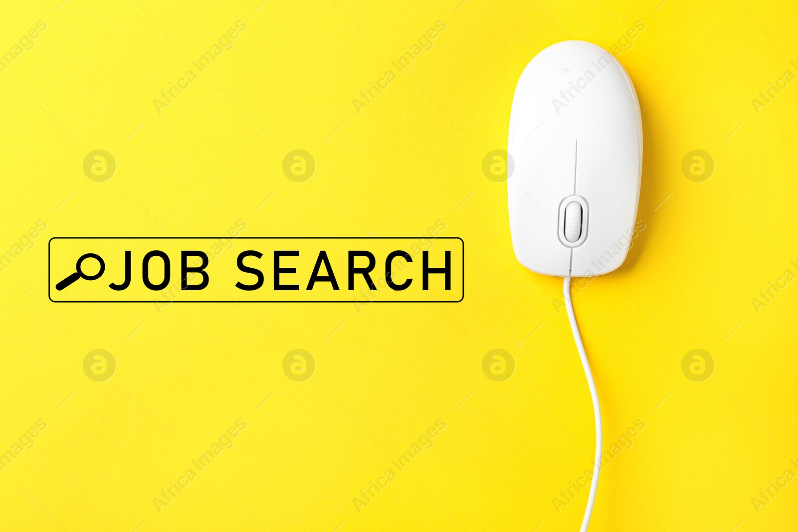 Image of Modern wired optical mouse on yellow background, top view. Job search