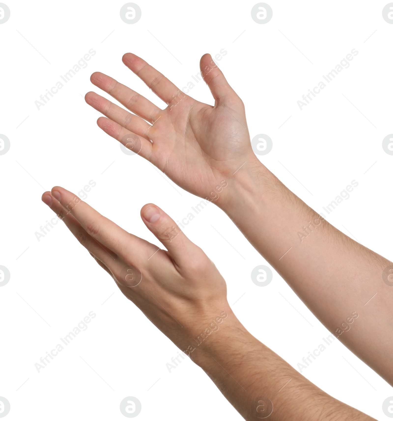Photo of Freedom concept. Man showing his hands on white background, closeup