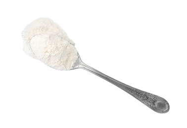 Baking powder in spoon isolated on white, top view