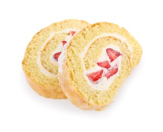 Slices of delicious sponge cake roll with strawberries and cream on white background