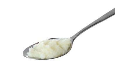 Spoon with tasty puree on white background