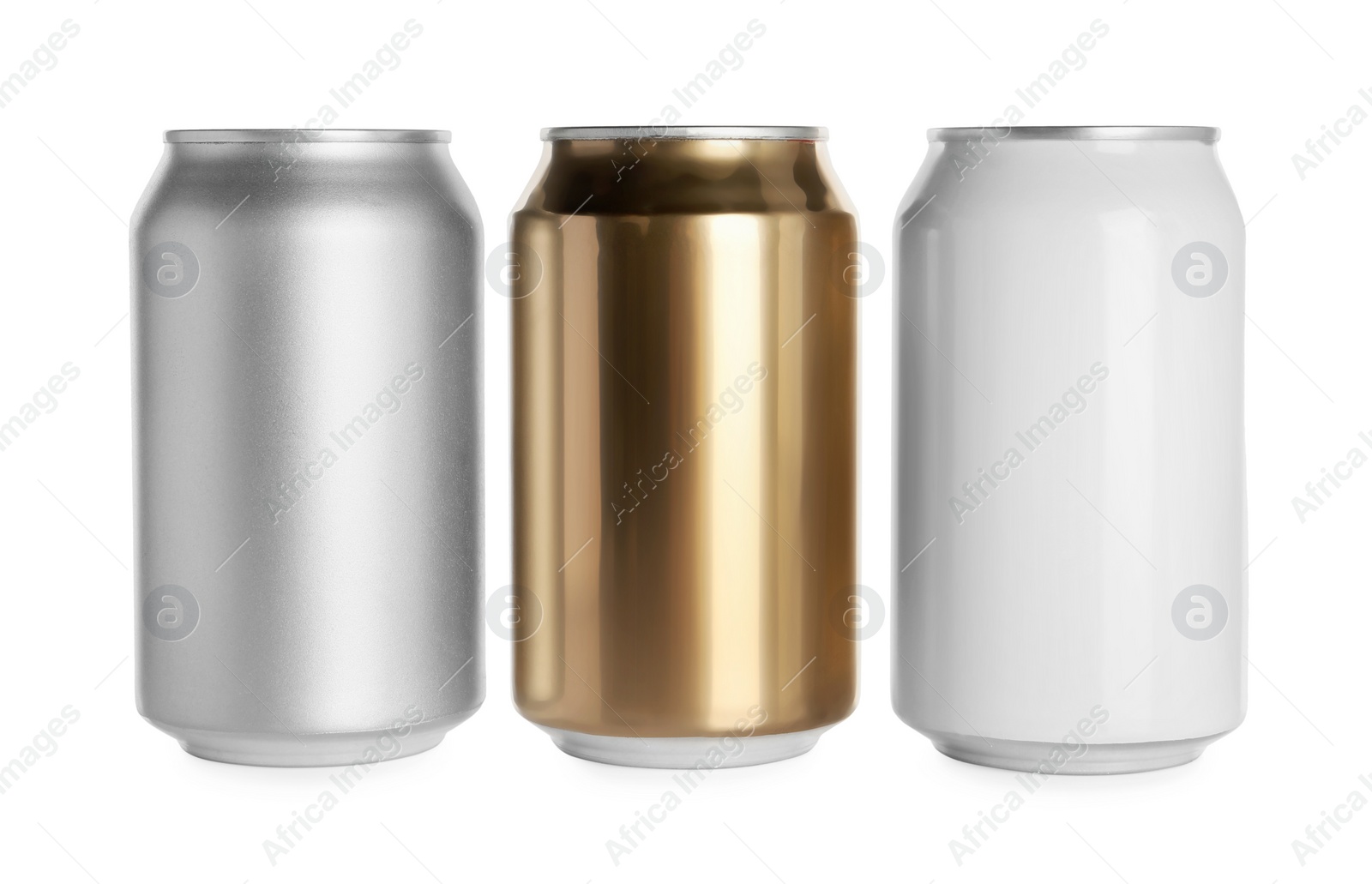 Photo of Aluminum cans with drinks on white background