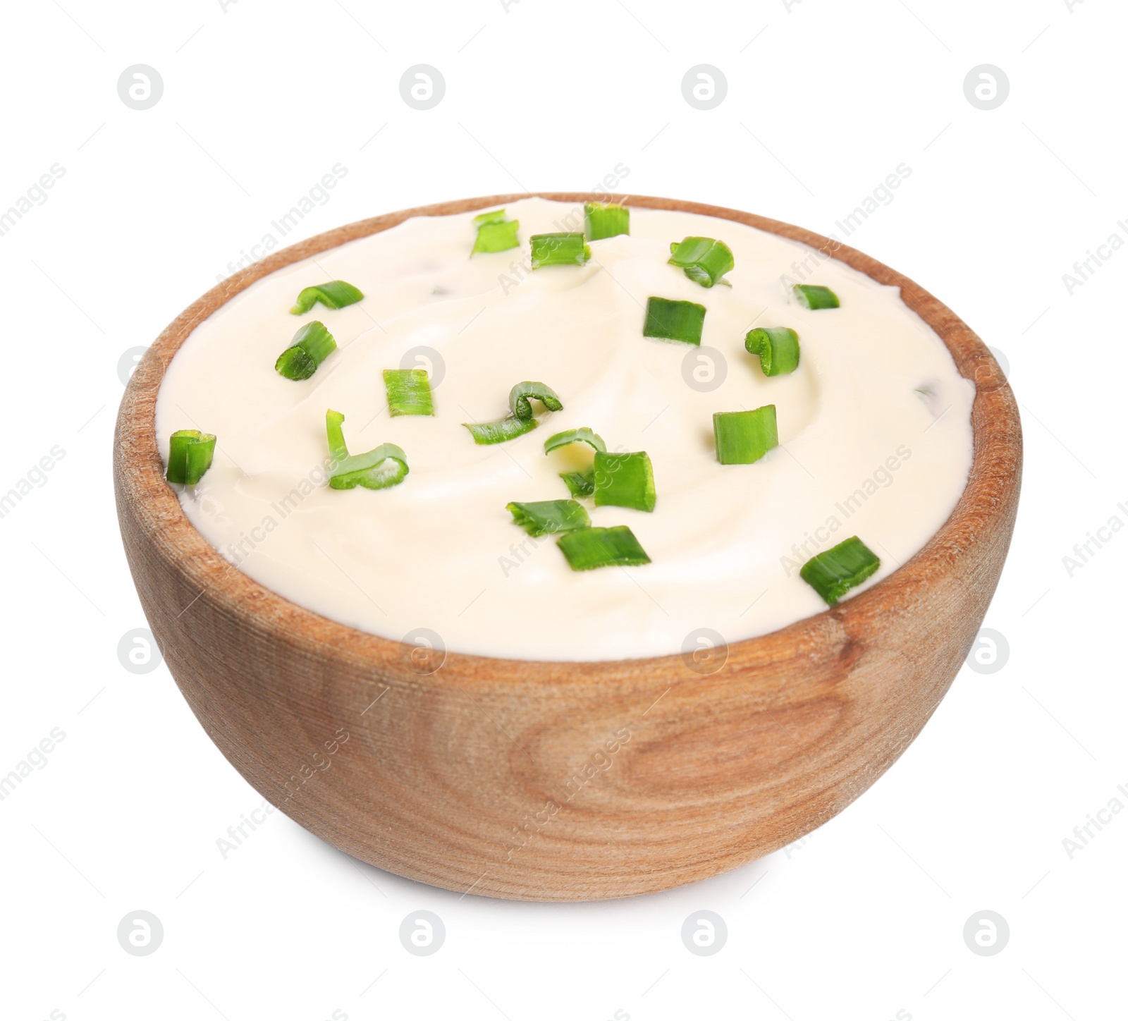 Photo of Fresh sour cream with onion on white background