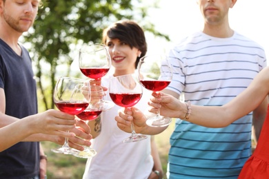 Photo of Young people with glasses of wine outdoors. Summer picnic