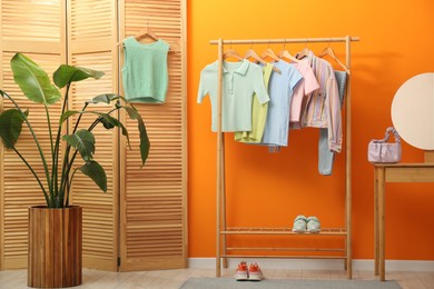 Rack with different stylish women's clothes, shoes, bag and green houseplant near orange wall indoors