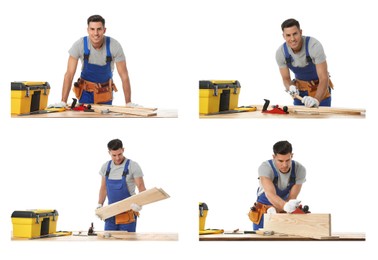 Image of Collage with photos of carpenter working with timber at wooden table against white background