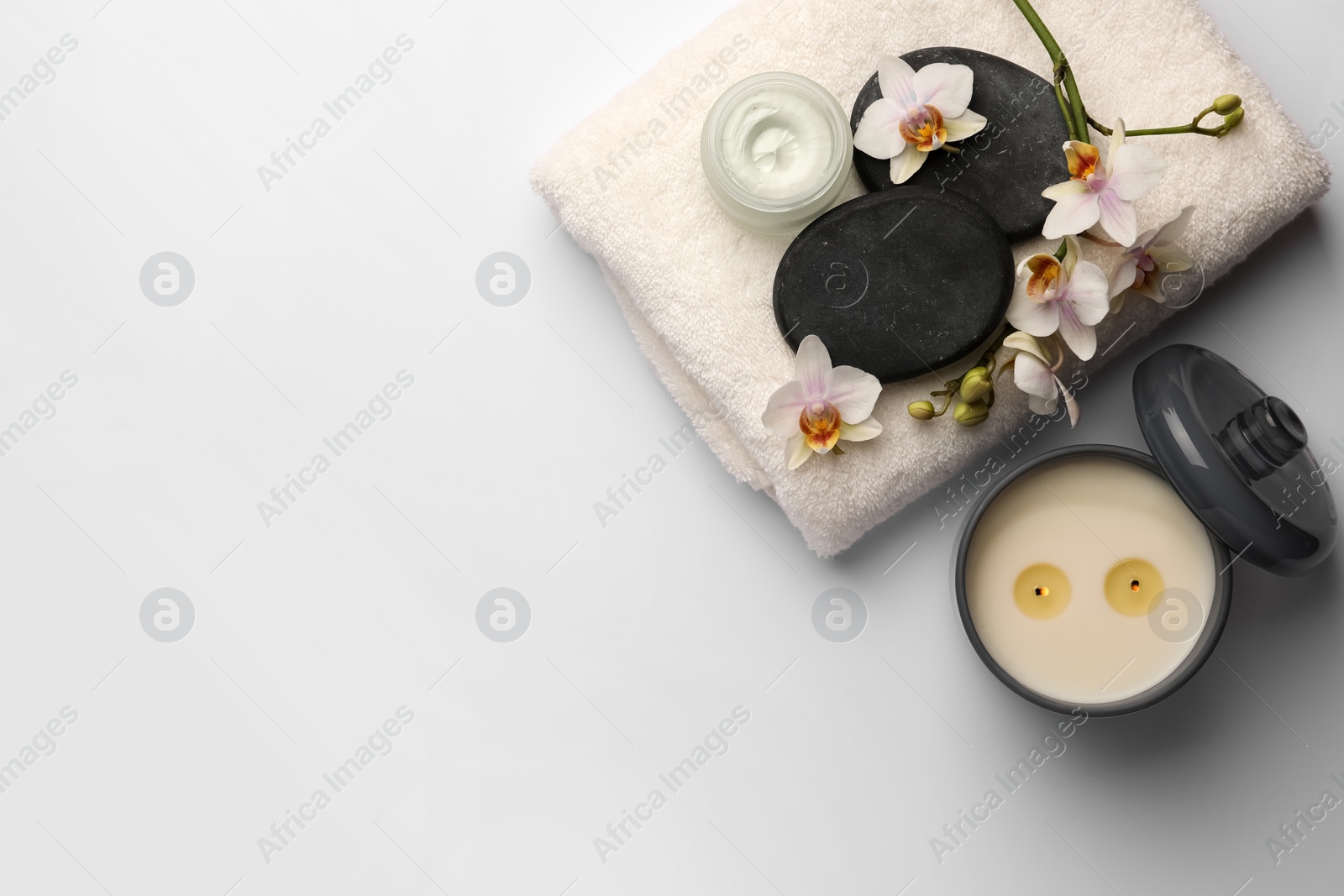 Photo of Flat lay composition with different spa products on white background. Space for text