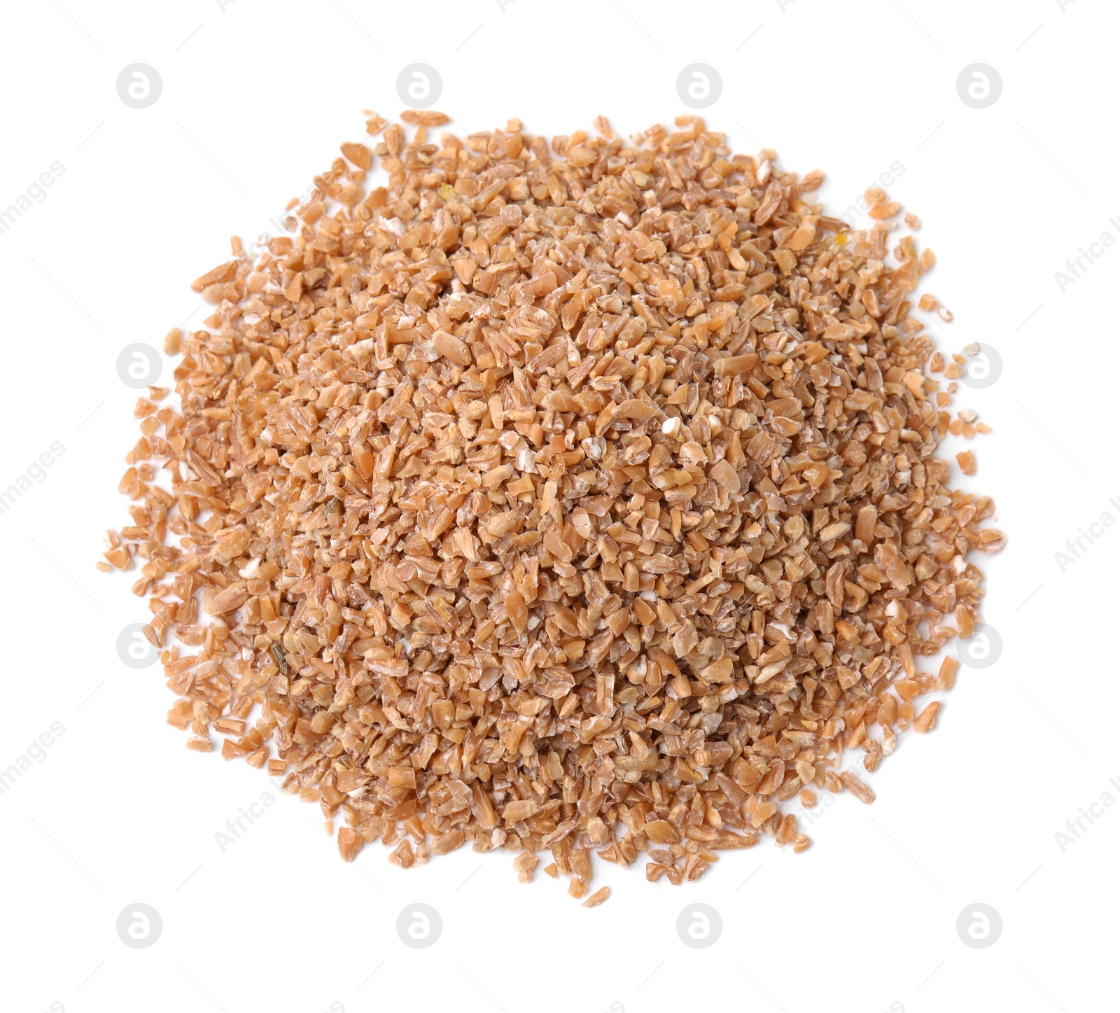 Photo of Pile of dry wheat groats isolated on white, top view