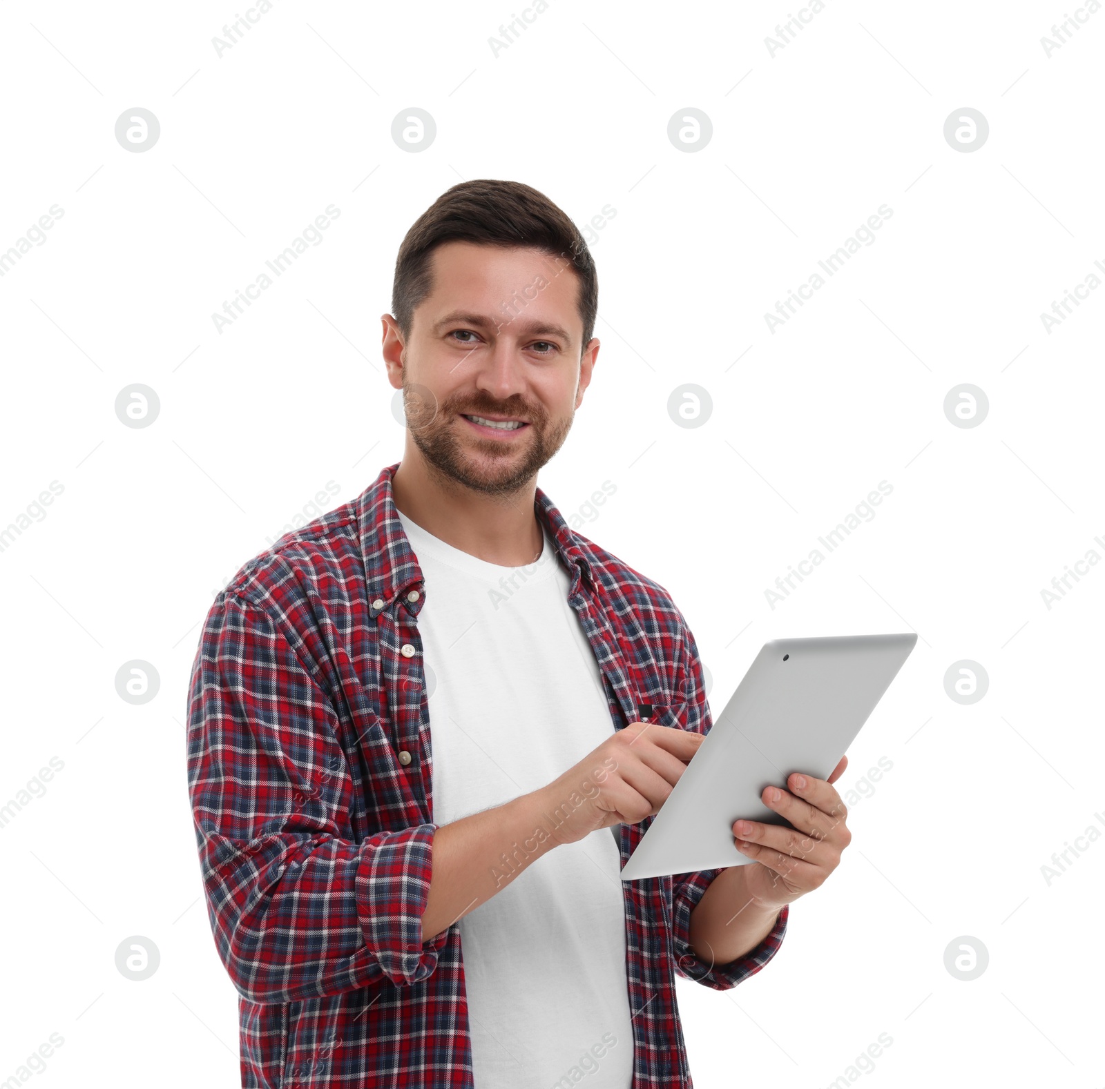 Photo of Happy man using tablet on white background