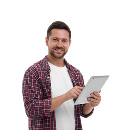 Happy man using tablet on white background