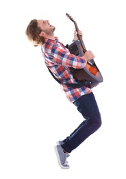 Photo of Young man playing acoustic guitar on white background