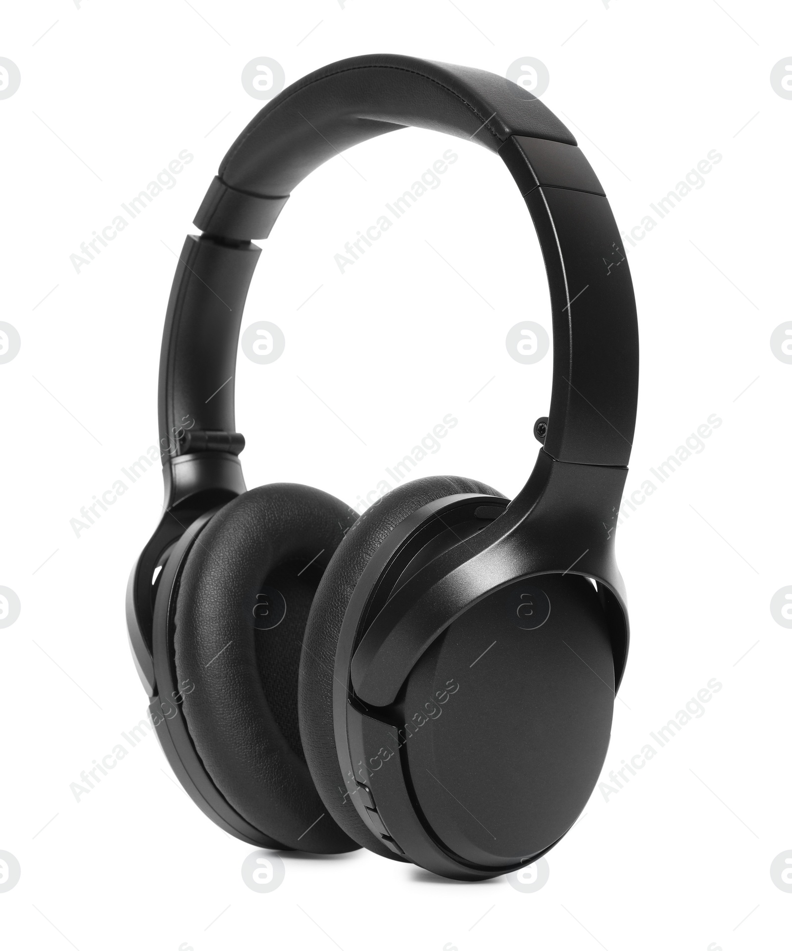 Photo of Modern black wireless headphones isolated on white