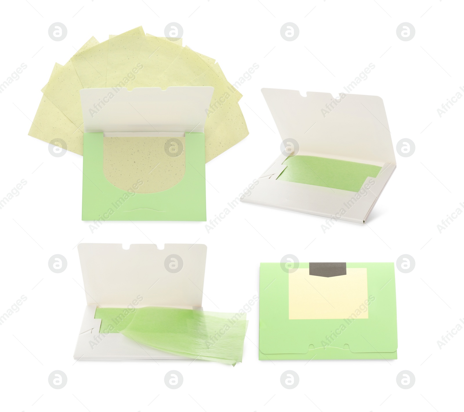 Image of Set with facial oil blotting tissues on white background. Mattifying wipes