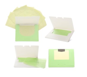 Image of Set with facial oil blotting tissues on white background. Mattifying wipes