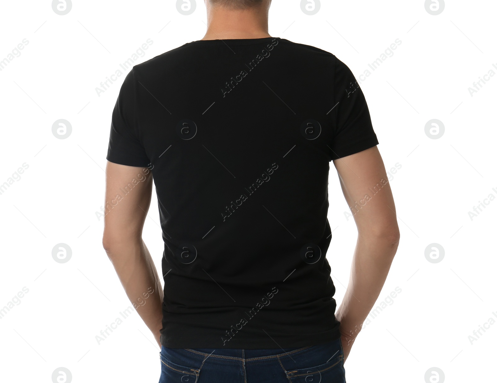 Photo of Man in black t-shirt on white background, closeup. Space for design