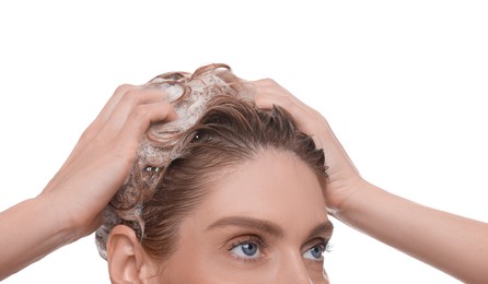 Woman washing hair on white background, closeup