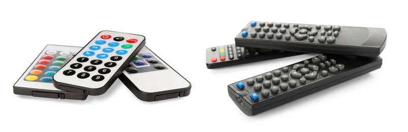 Image of Set of different remote controllers on white background