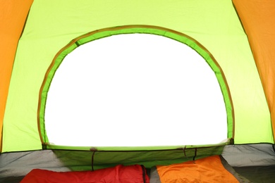Photo of Camping tent on white background, view from inside