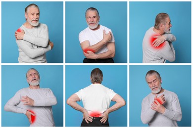 Image of Senior man suffering from rheumatism. Collage of photos