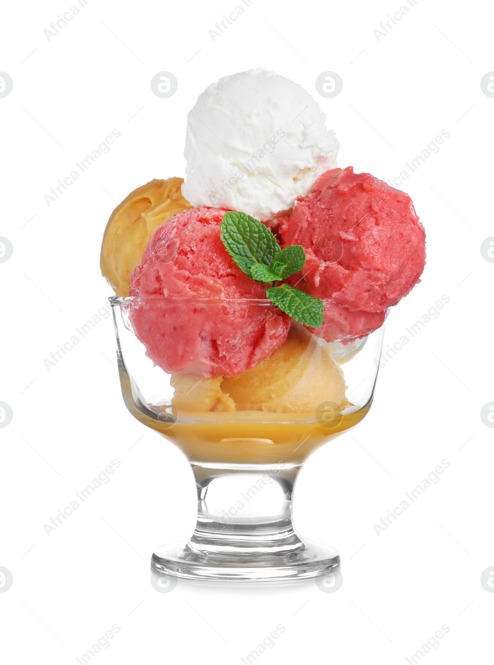 Photo of Delicious colorful ice cream with mint in glass dessert bowl isolated on white