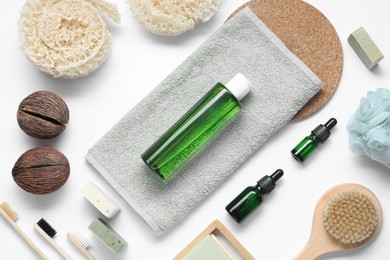 Bath accessories. Flat lay composition with personal care products on white background