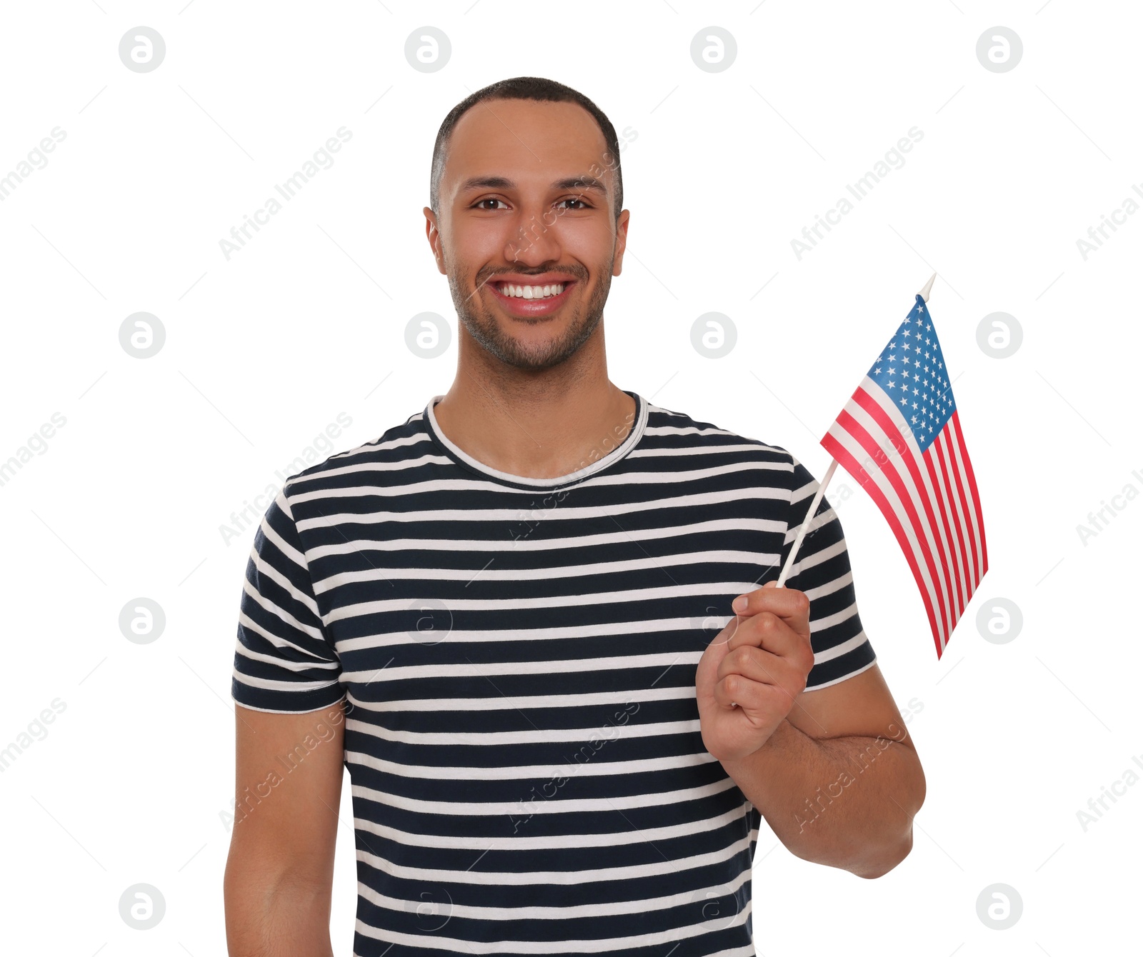 Photo of 4th of July - Independence Day of USA. Happy man with American flag on white background