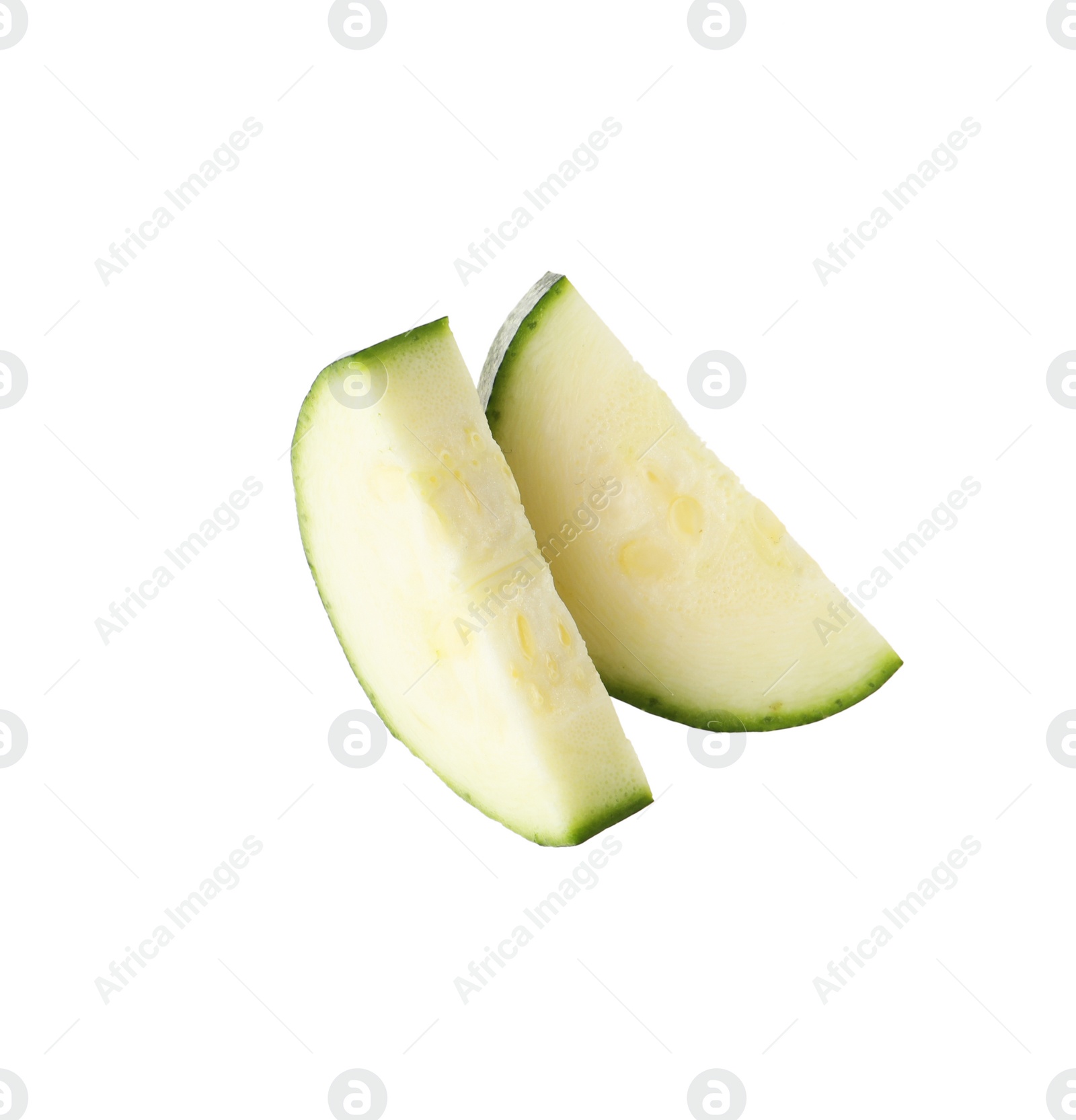 Photo of Slices of ripe zucchini on white background, top view