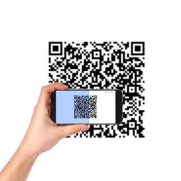 Woman scanning QR code with smartphone on white background, closeup