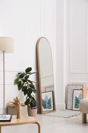 Photo of Beautiful mirror, furniture and plant in room. Interior design