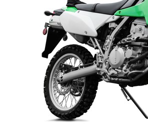Stylish green cross motorcycle on white background, closeup