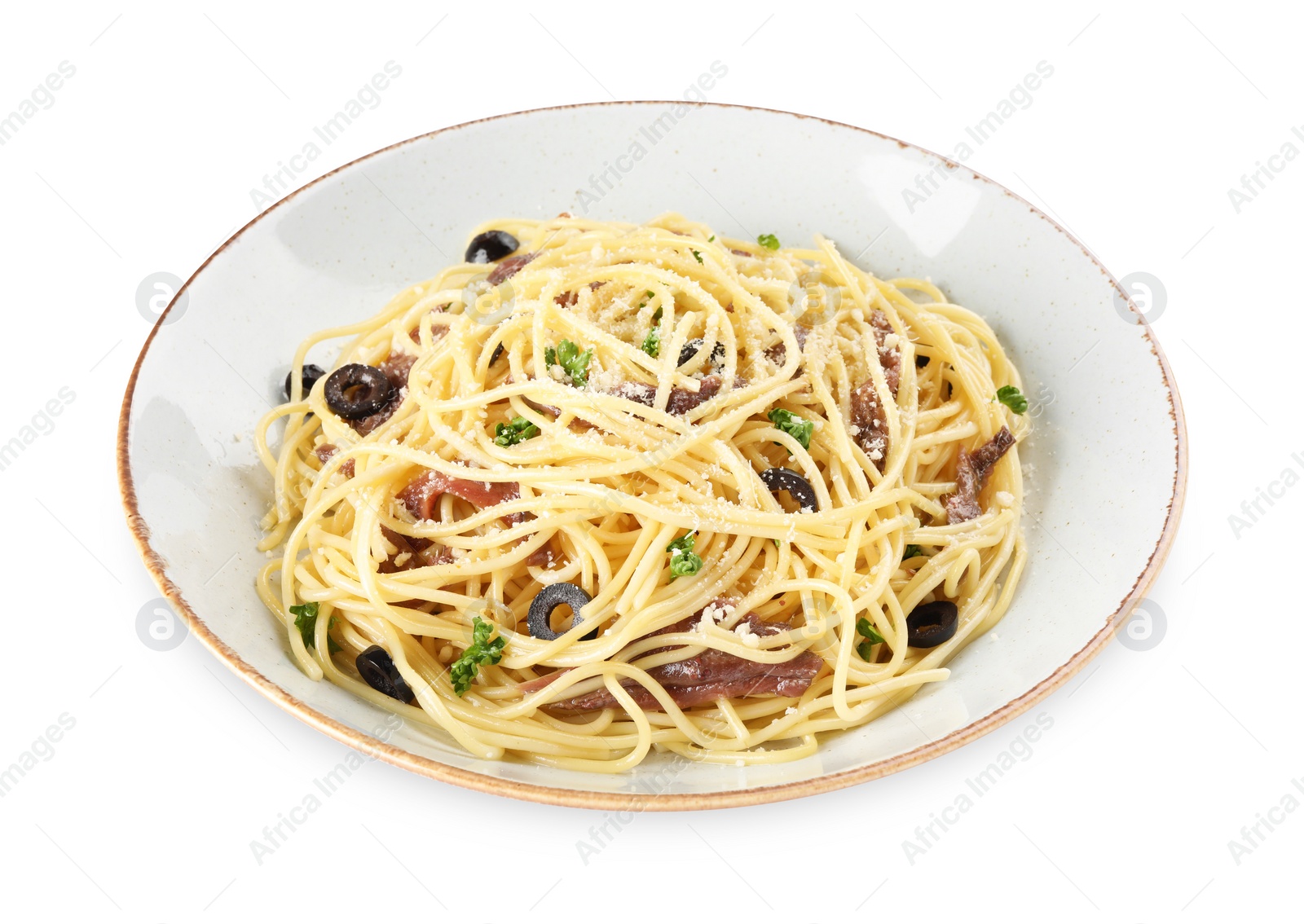 Photo of Plate of delicious pasta with anchovies, olives and parmesan cheese isolated on white